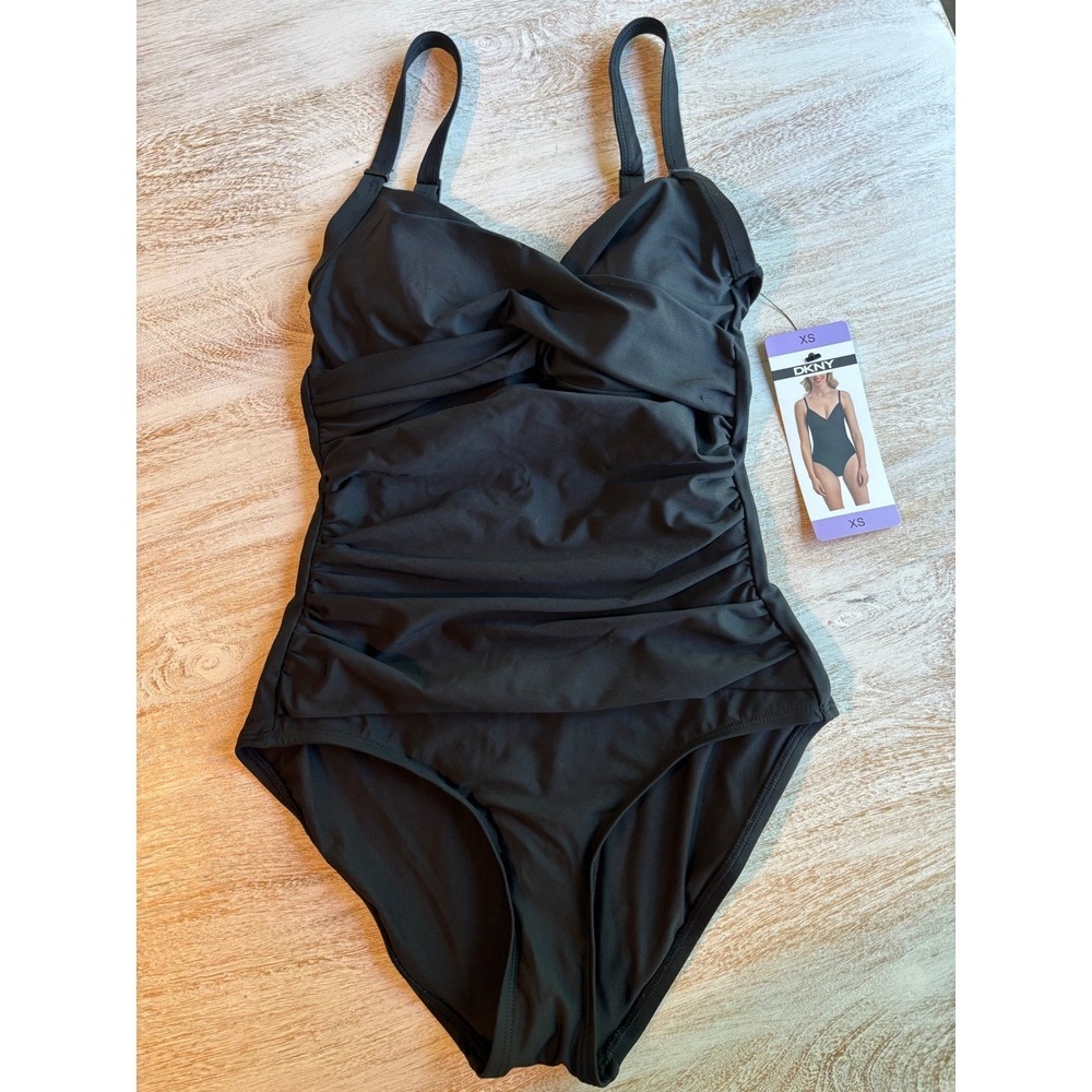 NWT SIZE‎ XS DKNY One Piece Swimsuit Womens Black Ruched Wrap Front V-Neck - Picture 3 of 6